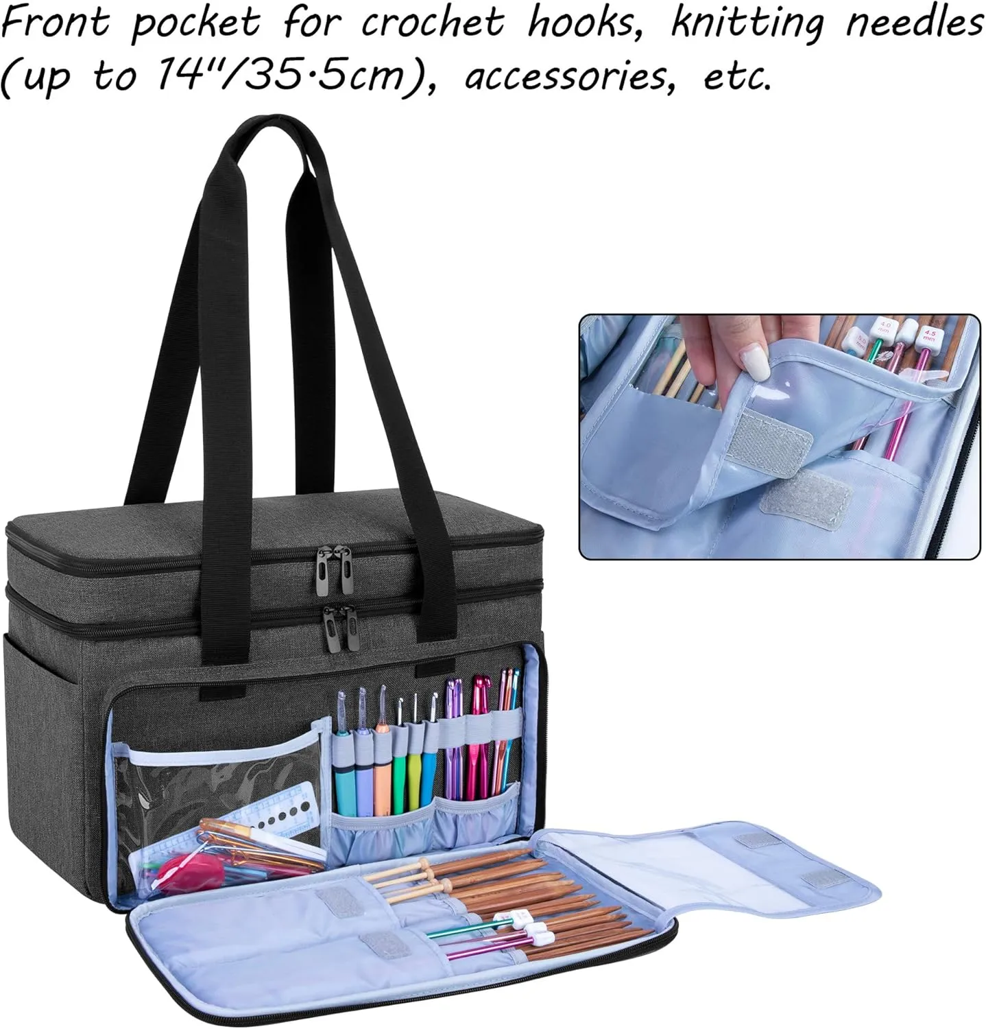 CURMIO Double-Layer Knitting Tote, Yarn Storage Bag with Compartments for Crochet Hooks, Knitting Needles (Up to 14 Inches), Project and Accessories, Black (Patented Design)