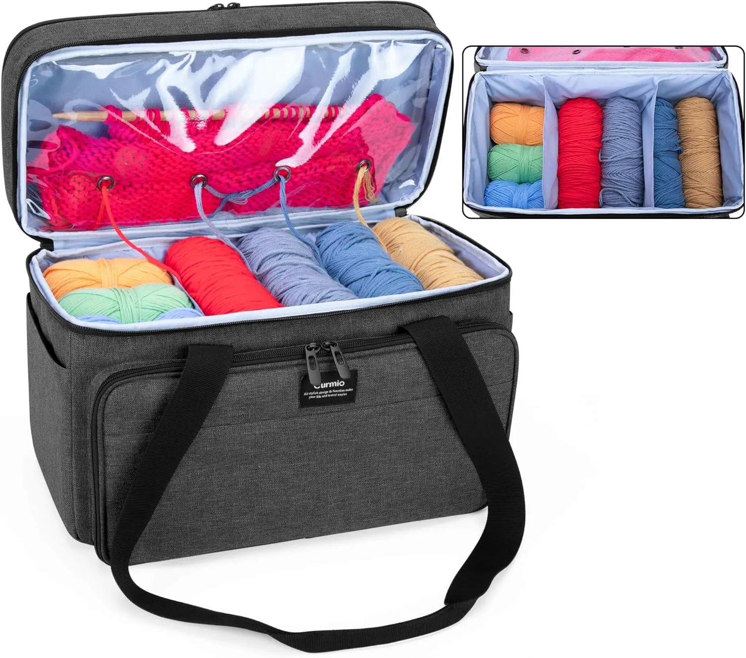 CURMIO Double-Layer Knitting Tote, Yarn Storage Bag with Compartments for Crochet Hooks, Knitting Needles (Up to 14 Inches), Project and Accessories, Black (Patented Design)