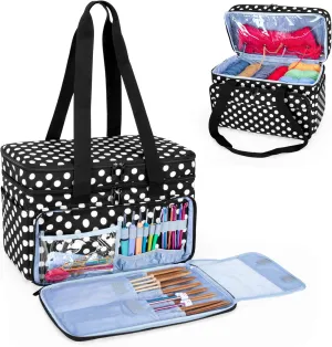 CURMIO Double-Layer Knitting Tote, Yarn Storage With Compartments for Crochet Hooks, Needles (Up to 14 Inches), Project and Accessories, Black Dot (Bag Only, Patented Design)
