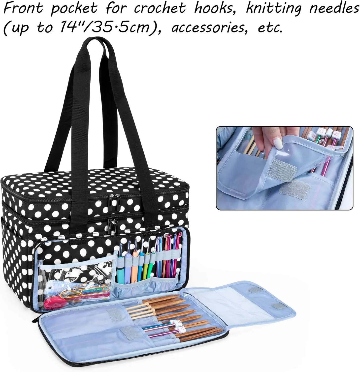 CURMIO Double-Layer Knitting Tote, Yarn Storage With Compartments for Crochet Hooks, Needles (Up to 14 Inches), Project and Accessories, Black Dot (Bag Only, Patented Design)