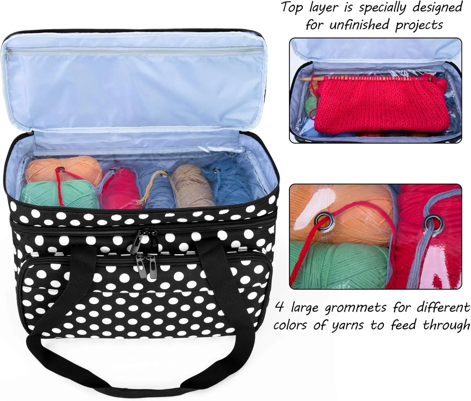 CURMIO Double-Layer Knitting Tote, Yarn Storage With Compartments for Crochet Hooks, Needles (Up to 14 Inches), Project and Accessories, Black Dot (Bag Only, Patented Design)