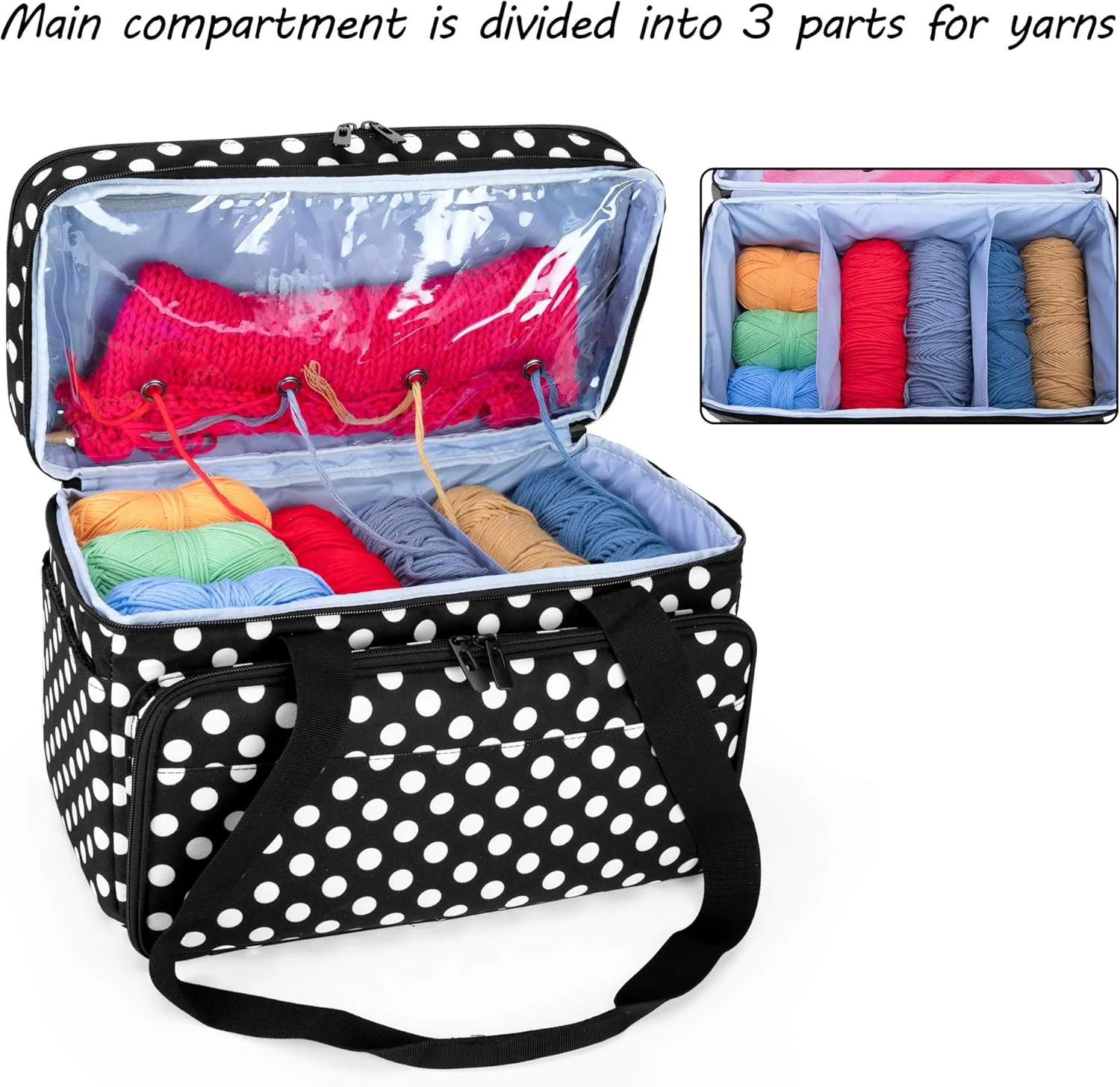 CURMIO Double-Layer Knitting Tote, Yarn Storage With Compartments for Crochet Hooks, Needles (Up to 14 Inches), Project and Accessories, Black Dot (Bag Only, Patented Design)