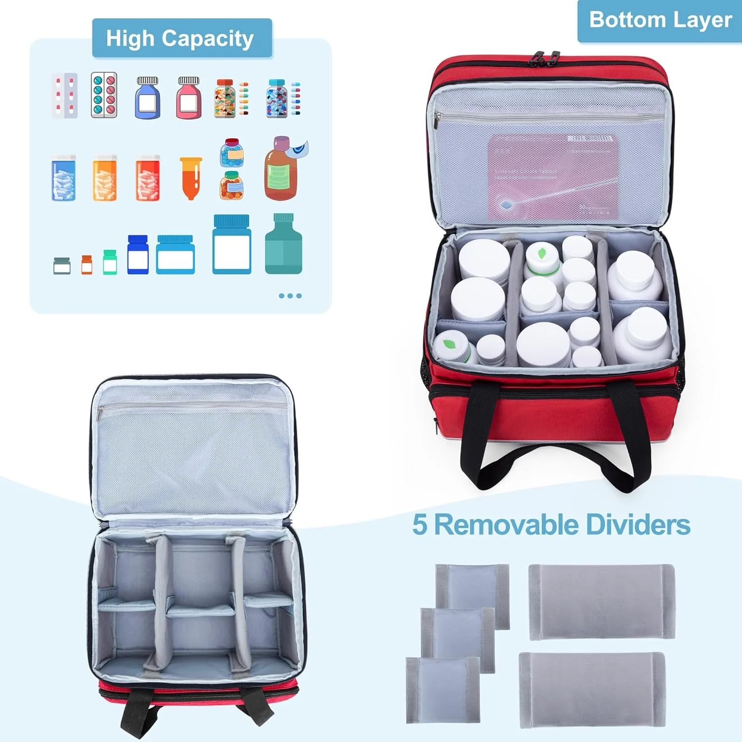 CURMIO Double Layers Pill Bottle Organizer Bag Empty, Medicine Organizer Storage Case with Lockable Zippers, Medication Travel Bag for Prescription Bottles, Medical Supplies, Red (Patent Design)