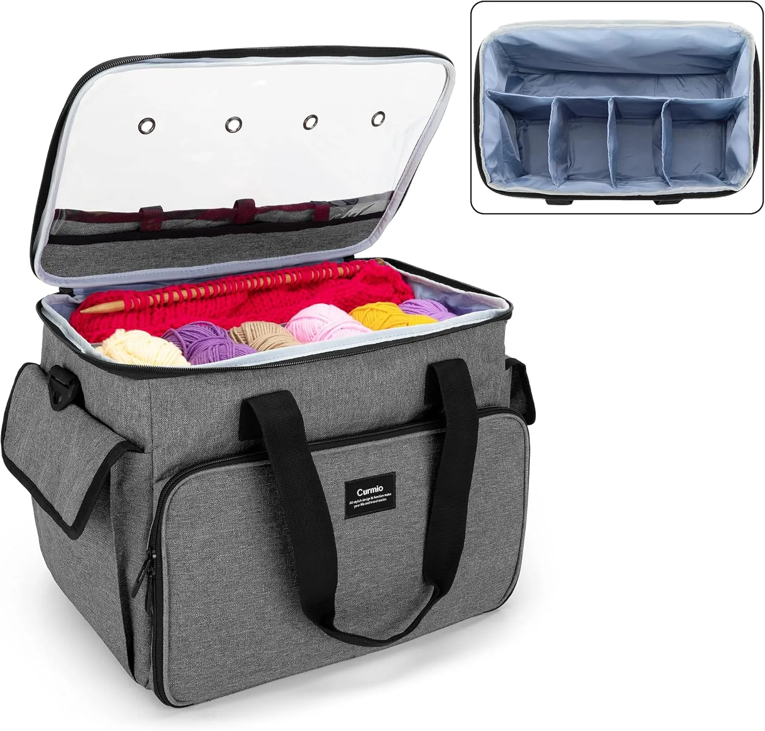 CURMIO Knitting Bag, Yarn Storage Tote with Compartments for Knitting Needles, Crochet Hooks, Knitting Project and Accessories, Bag Only, Gray