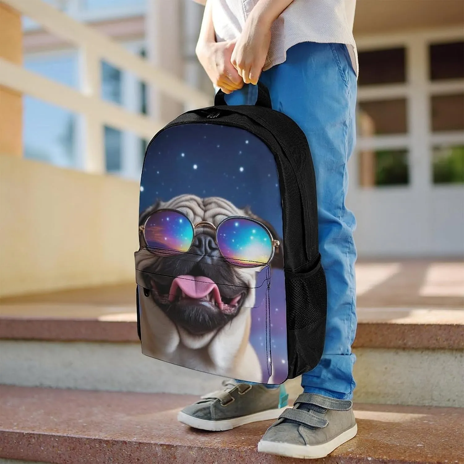 Cute Funny Galaxy Pug Daypack Polyester Anti-Theft Multipurpose Bookbag Big Capacity Gym Outdoor Hiking Backpack With Adjustable Shoulder Straps