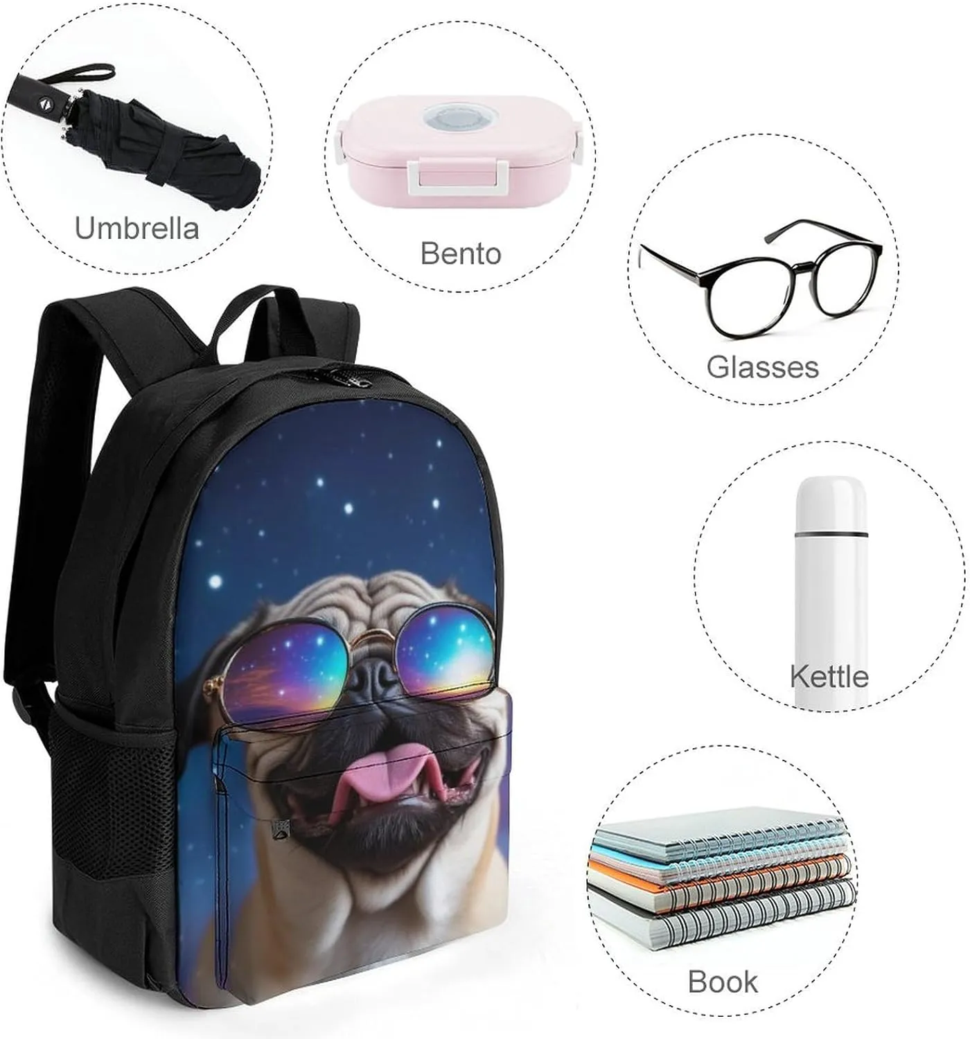 Cute Funny Galaxy Pug Daypack Polyester Anti-Theft Multipurpose Bookbag Big Capacity Gym Outdoor Hiking Backpack With Adjustable Shoulder Straps