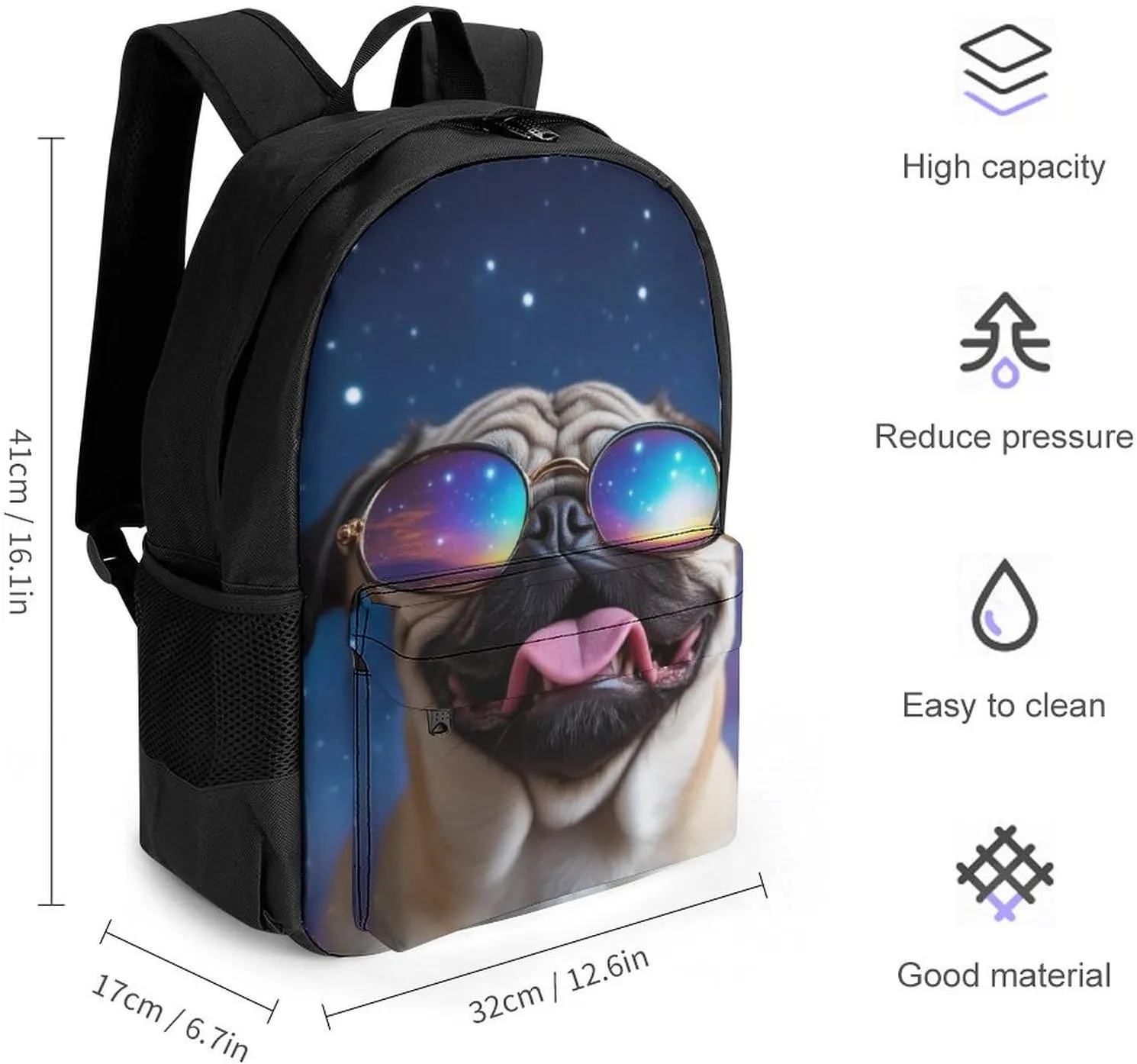 Cute Funny Galaxy Pug Daypack Polyester Anti-Theft Multipurpose Bookbag Big Capacity Gym Outdoor Hiking Backpack With Adjustable Shoulder Straps