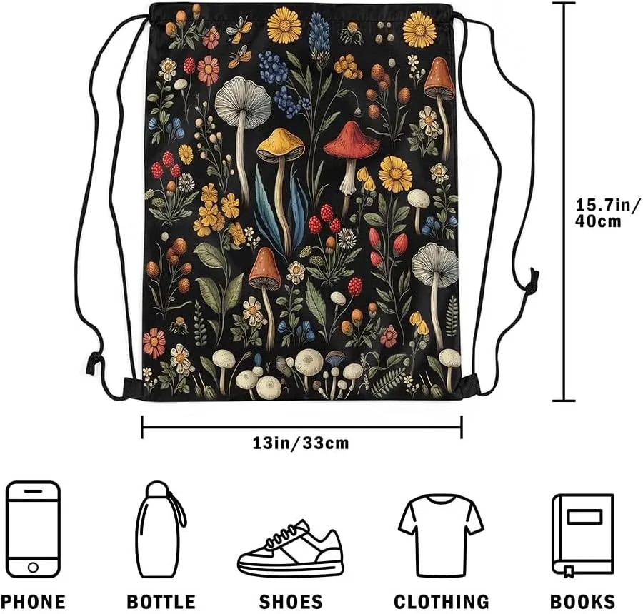 Cute Mushroom Apron 13X15.7,Wild Plant Drawstring Bags,Daisy Waterproof Draw String Back Bag,Rural Jungle String Backpack for Sport Gym Swim Yoga Camping Traveling Trip,Black Green