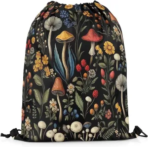 Cute Mushroom Apron 13X15.7,Wild Plant Drawstring Bags,Daisy Waterproof Draw String Back Bag,Rural Jungle String Backpack for Sport Gym Swim Yoga Camping Traveling Trip,Black Green