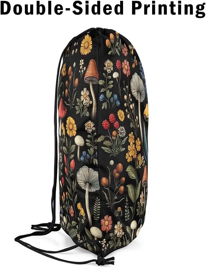 Cute Mushroom Apron 13X15.7,Wild Plant Drawstring Bags,Daisy Waterproof Draw String Back Bag,Rural Jungle String Backpack for Sport Gym Swim Yoga Camping Traveling Trip,Black Green