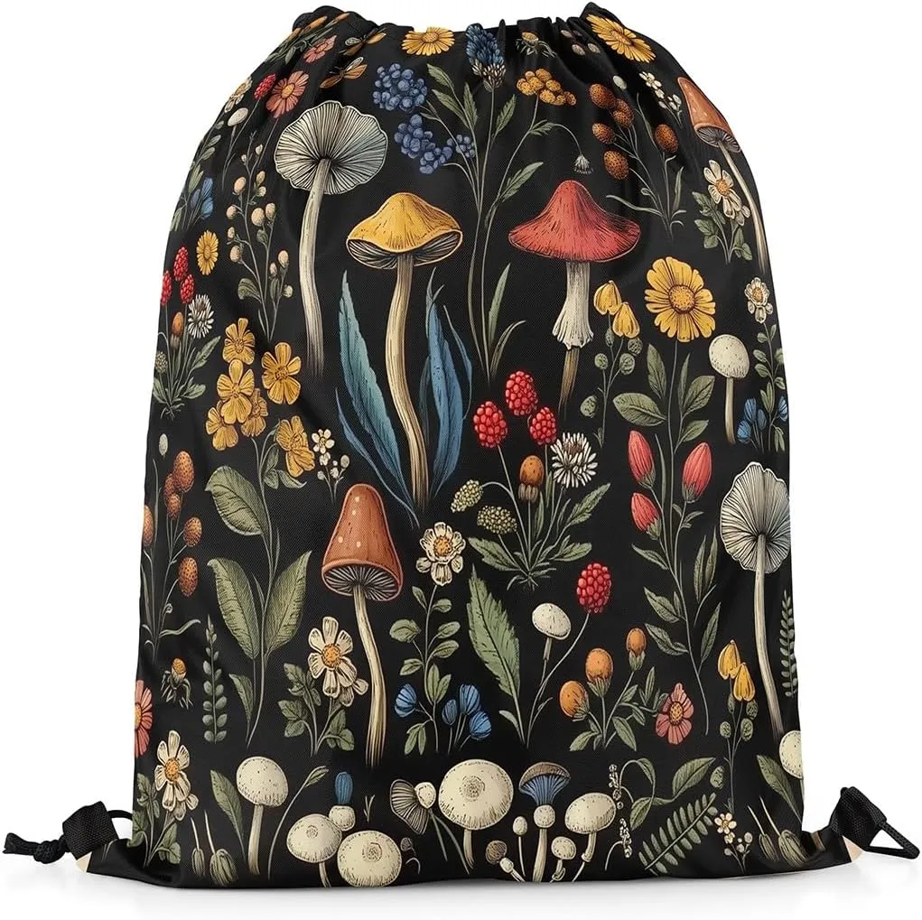 Cute Mushroom Apron 13X15.7,Wild Plant Drawstring Bags,Daisy Waterproof Draw String Back Bag,Rural Jungle String Backpack for Sport Gym Swim Yoga Camping Traveling Trip,Black Green