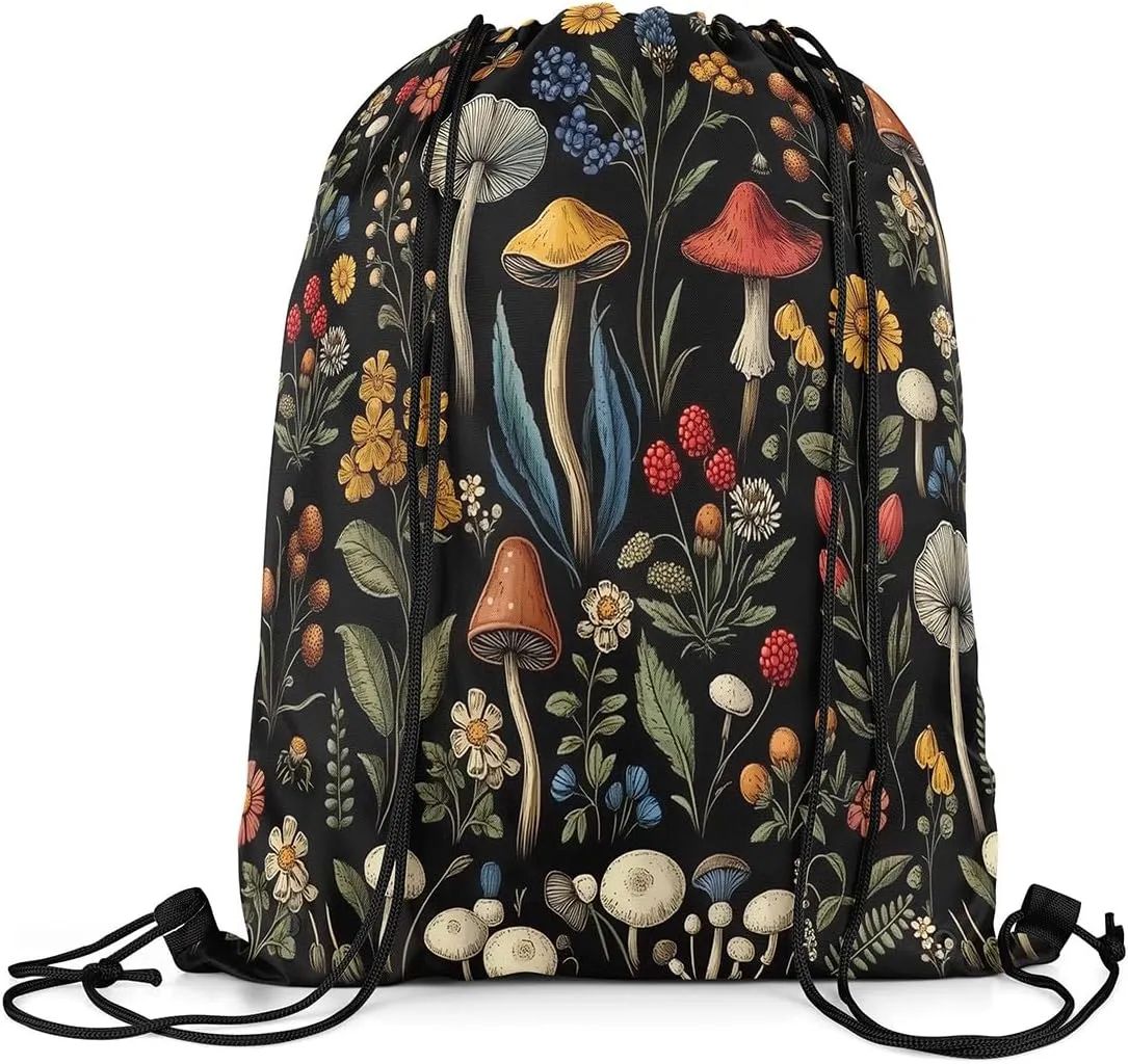 Cute Mushroom Apron 13X15.7,Wild Plant Drawstring Bags,Daisy Waterproof Draw String Back Bag,Rural Jungle String Backpack for Sport Gym Swim Yoga Camping Traveling Trip,Black Green