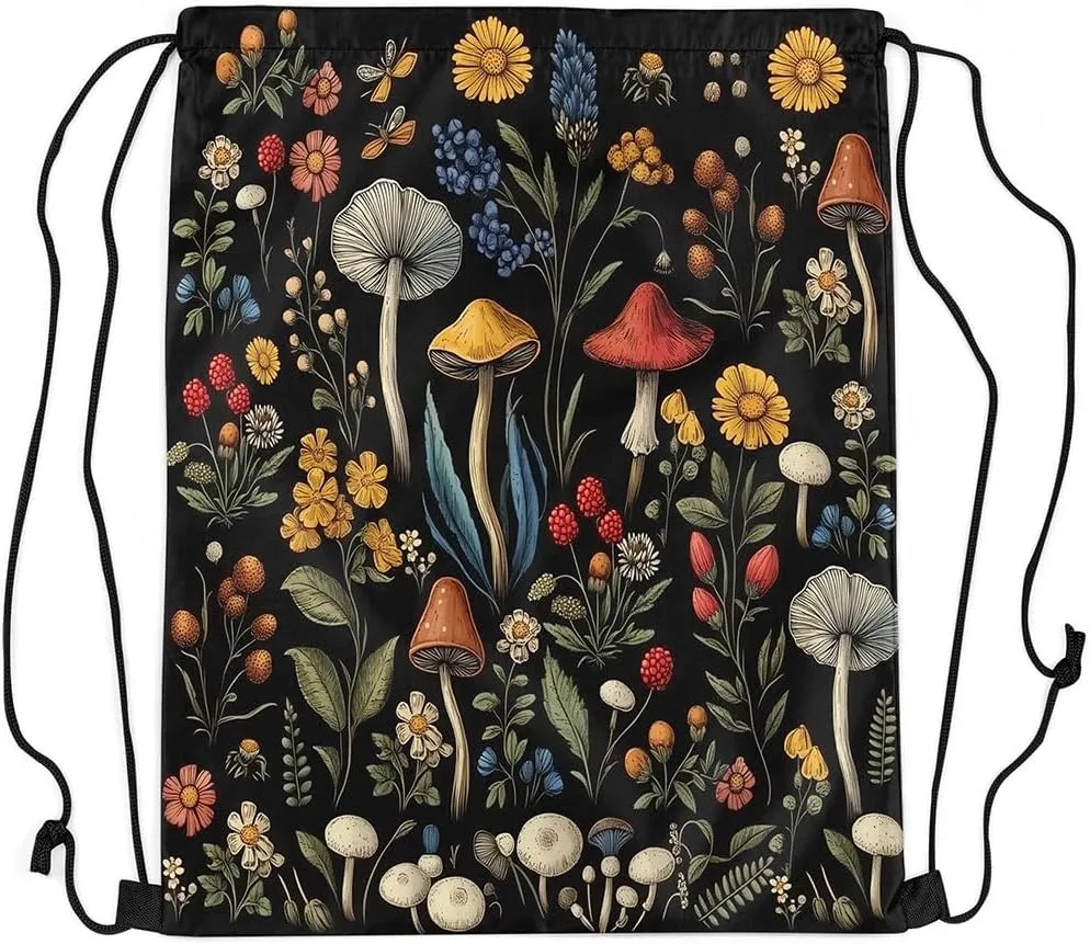 Cute Mushroom Apron 13X15.7,Wild Plant Drawstring Bags,Daisy Waterproof Draw String Back Bag,Rural Jungle String Backpack for Sport Gym Swim Yoga Camping Traveling Trip,Black Green
