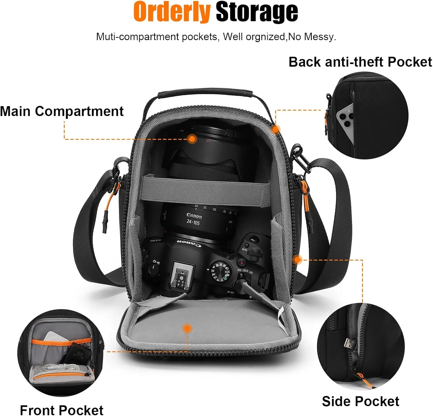 Cwatcun Campact Camera Bag Small Camera Sling Case for Canon Nikon Sony Fuji Cameras, Lens, DSLR SLR Mirrorless, Shoulder Corssbody Camera Bag, Travel Photography Water-resistant Bag Purse, Black