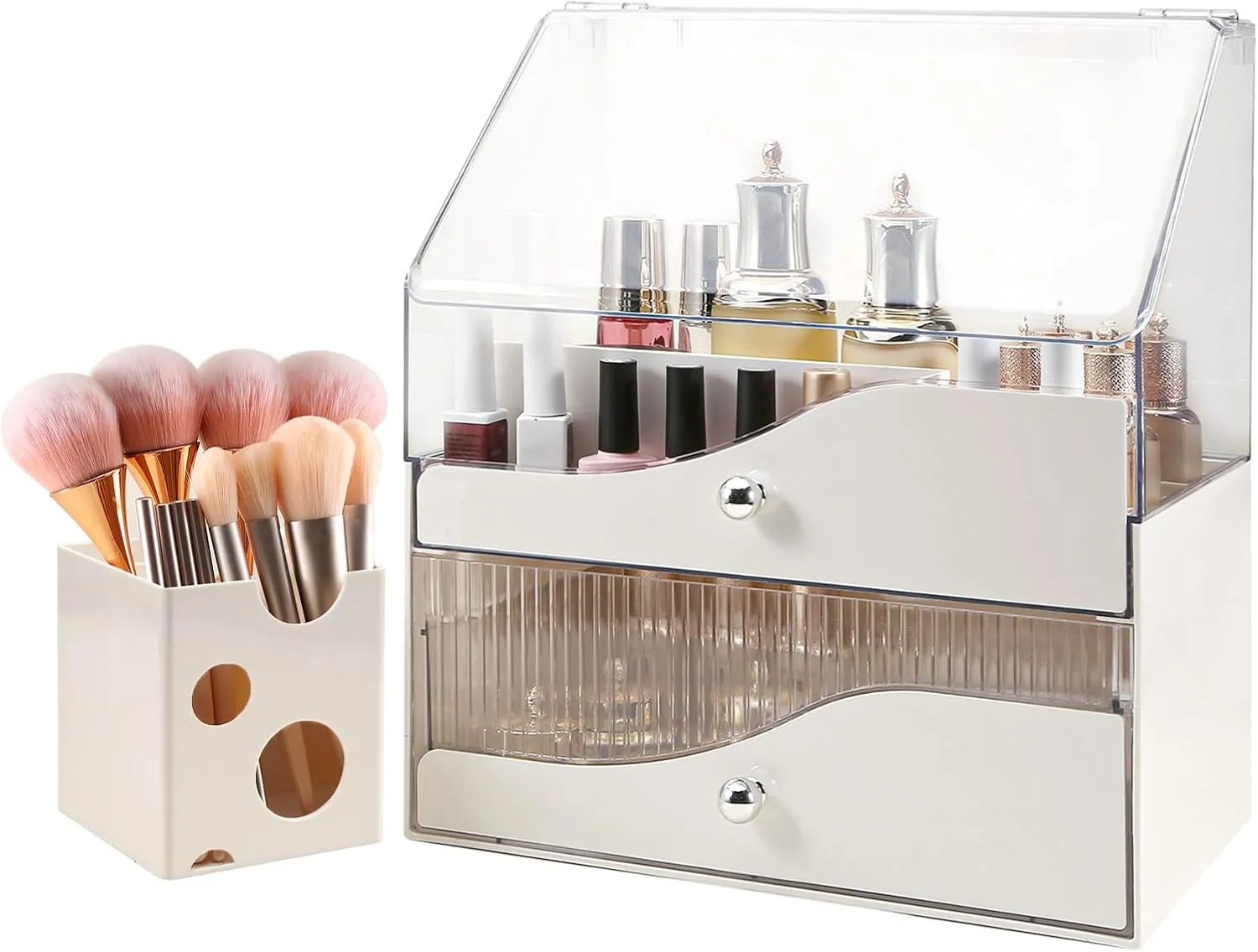 DASITON Makeup Organizer with Drawer,Makeup Organizer Countertop,Large Vanity Organizer with Transparent Cover for Vanity,Desk,Bathroom,Bedroom(Cream 02)