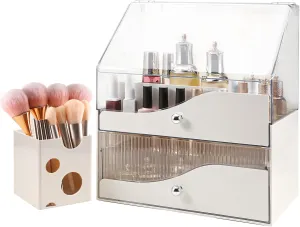DASITON Makeup Organizer with Drawer,Makeup Organizer Countertop,Large Vanity Organizer with Transparent Cover for Vanity,Desk,Bathroom,Bedroom(Cream 02)