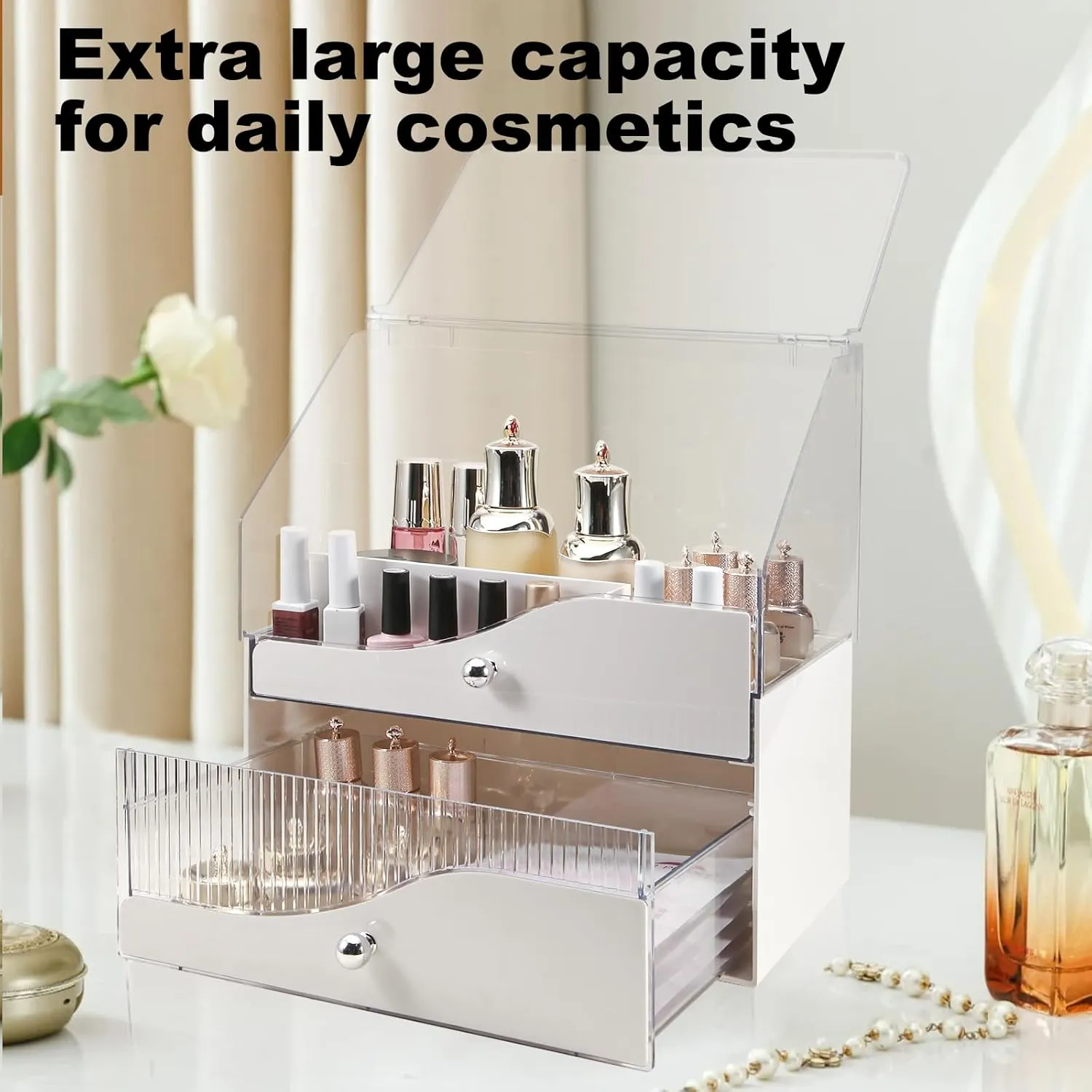 DASITON Makeup Organizer with Drawer,Makeup Organizer Countertop,Large Vanity Organizer with Transparent Cover for Vanity,Desk,Bathroom,Bedroom(Cream 02)