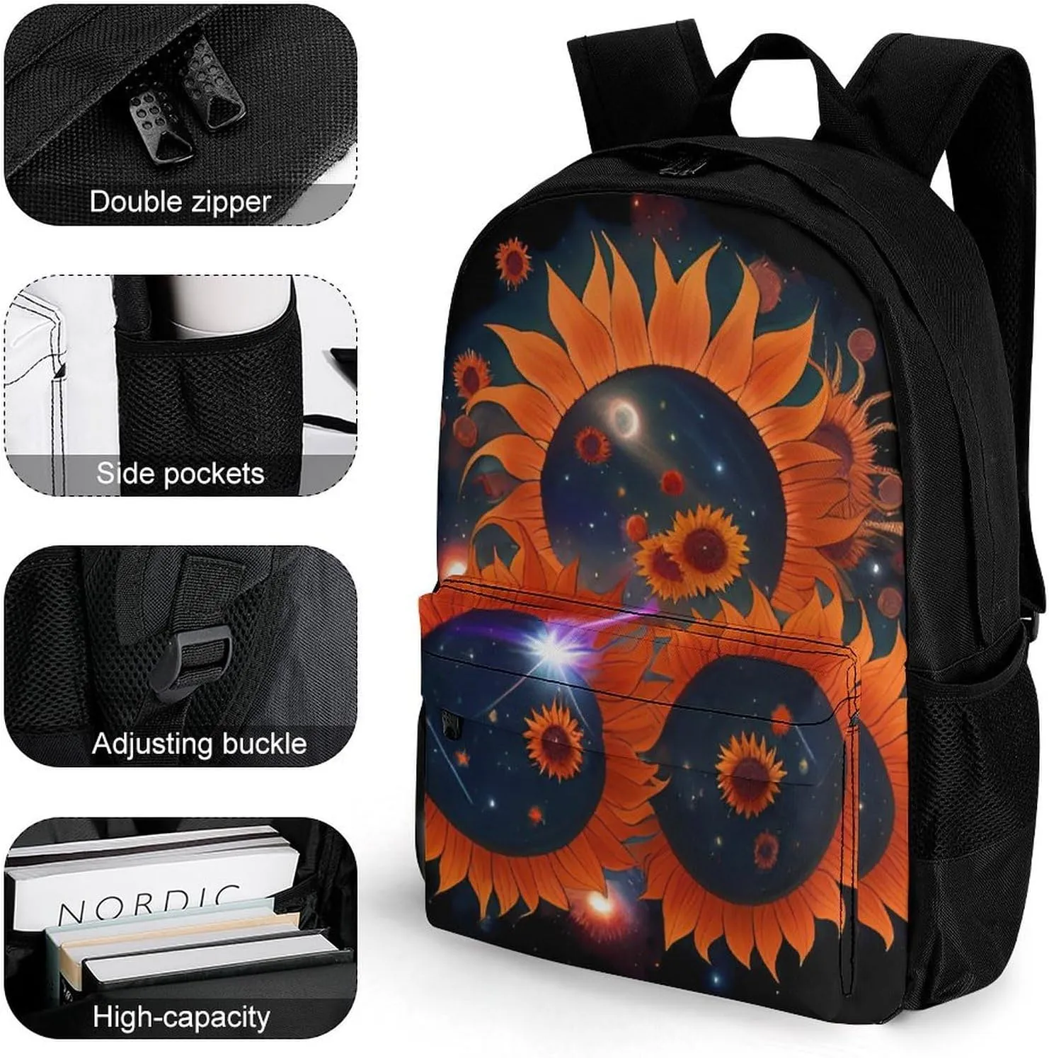 Daypack Anti-Theft Multipurpose Large Capacity Shoulder Bag - Space Sunflowers Art Travel Hiking & Camping Rucksack With Smooth Zippers