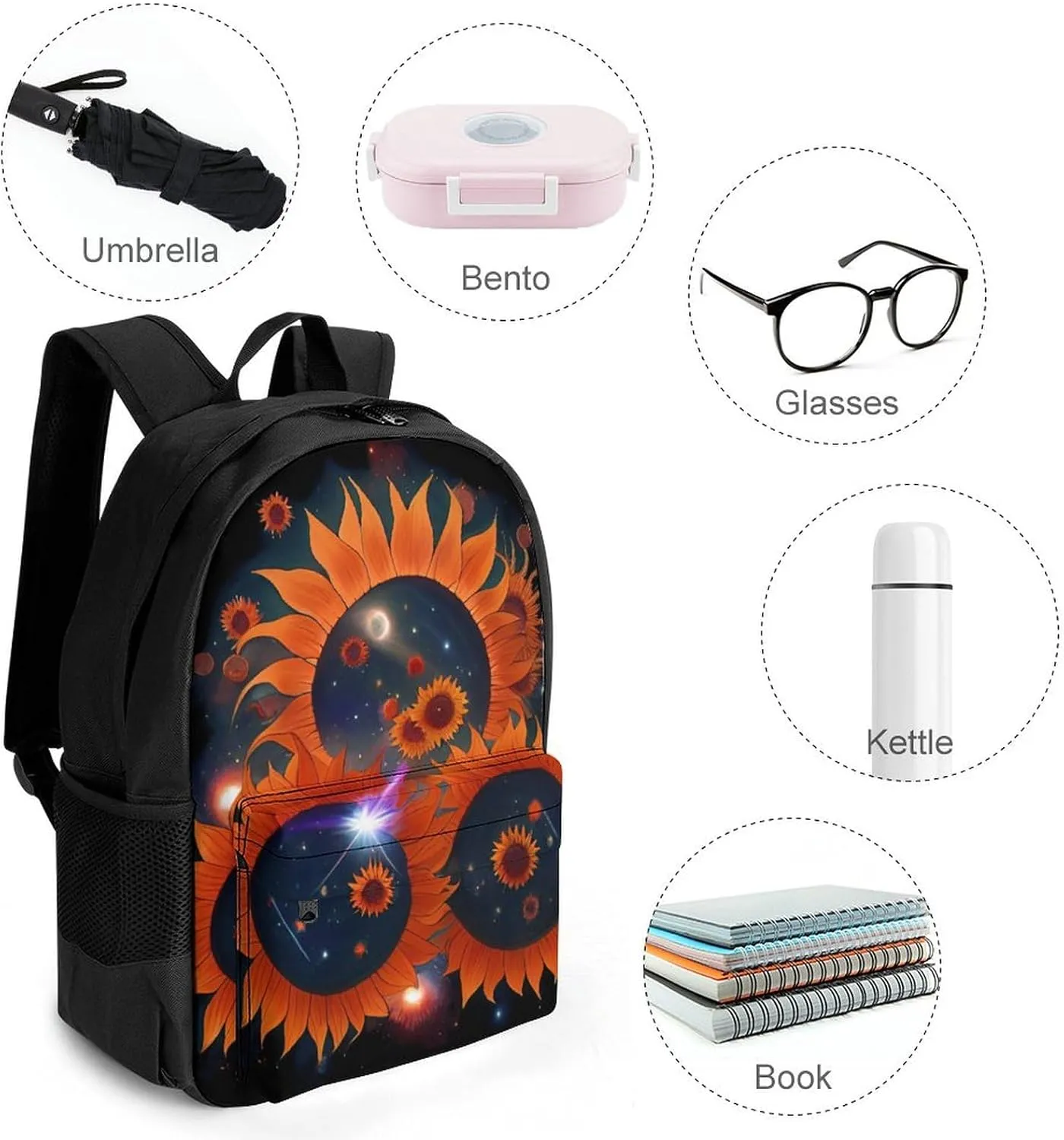 Daypack Anti-Theft Multipurpose Large Capacity Shoulder Bag - Space Sunflowers Art Travel Hiking & Camping Rucksack With Smooth Zippers