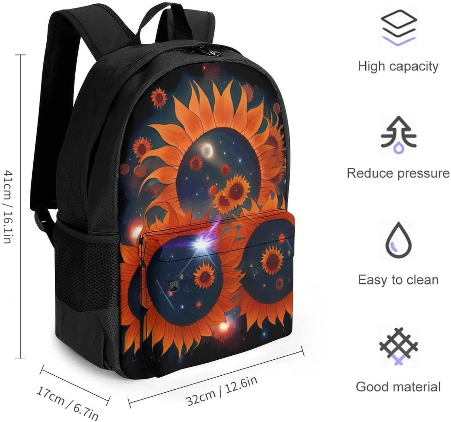Daypack Anti-Theft Multipurpose Large Capacity Shoulder Bag - Space Sunflowers Art Travel Hiking & Camping Rucksack With Smooth Zippers