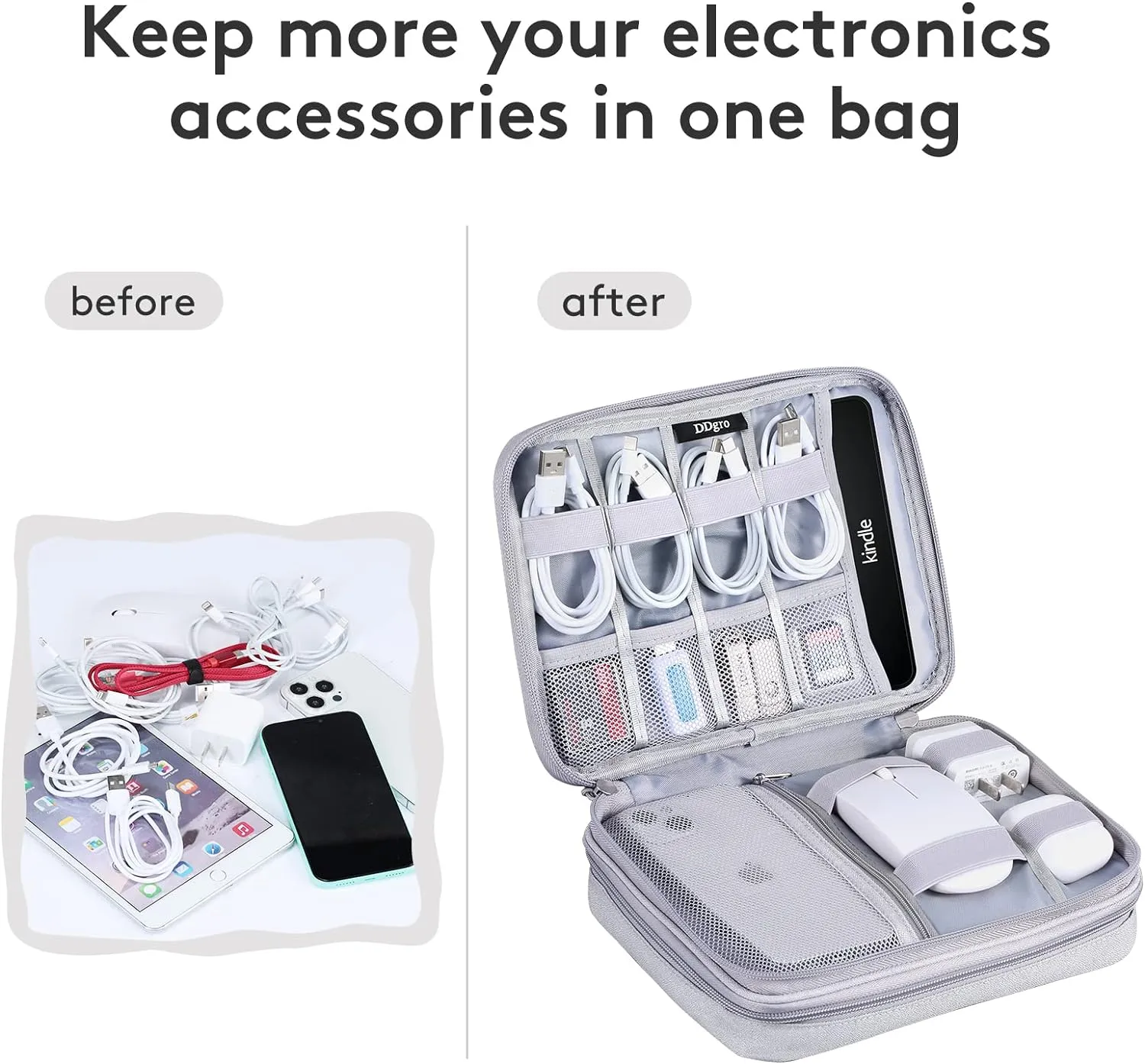 DDgro Cable Organizer Bag, Large Charger Cord Travel Case for Electronics & Tech Accessories (Large, Light Grey)