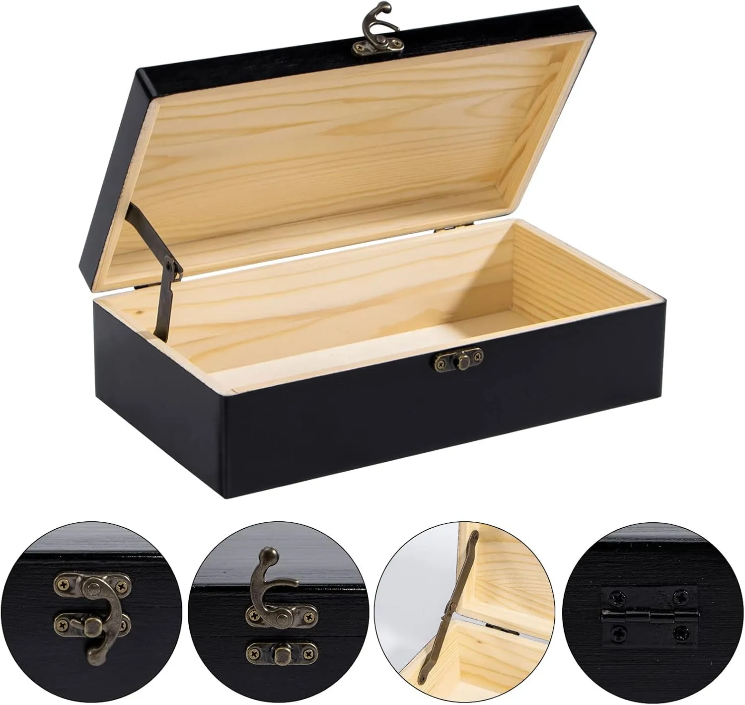 Dedoot Unfinished Wooden Box with Hinged Lid 9.7x5.5x2.7 Inch Rectangle Keepsake Box Clasp Wood Box, Storage Box for DIY Crafts, Home Deocration, Jewelry,Black