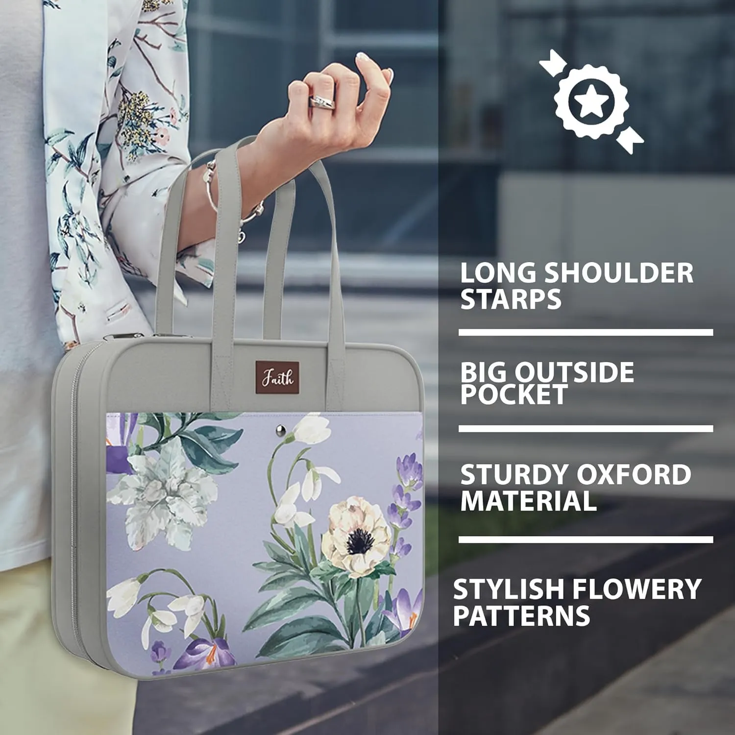 DEHITE Bible Bags for Women – Grey Floral Bible Carrying Case – Tote Bag Extra Large – Book Size 11.8 x 10 x 4.1 in – Pen Slot – Zippered Pocket – Shoulder Strap – Premium Fabric – Christian Gift