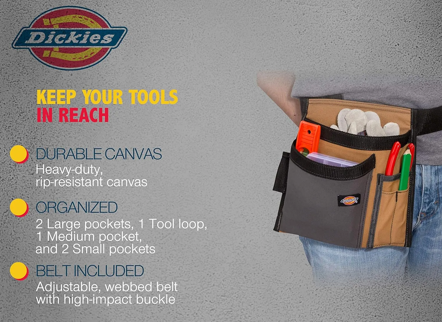 Dickies 5-Pocket Single Side Tool Belt Pouch/Work Apron, Durable Canvas Construction, Adjustable Belt for Custom Fit