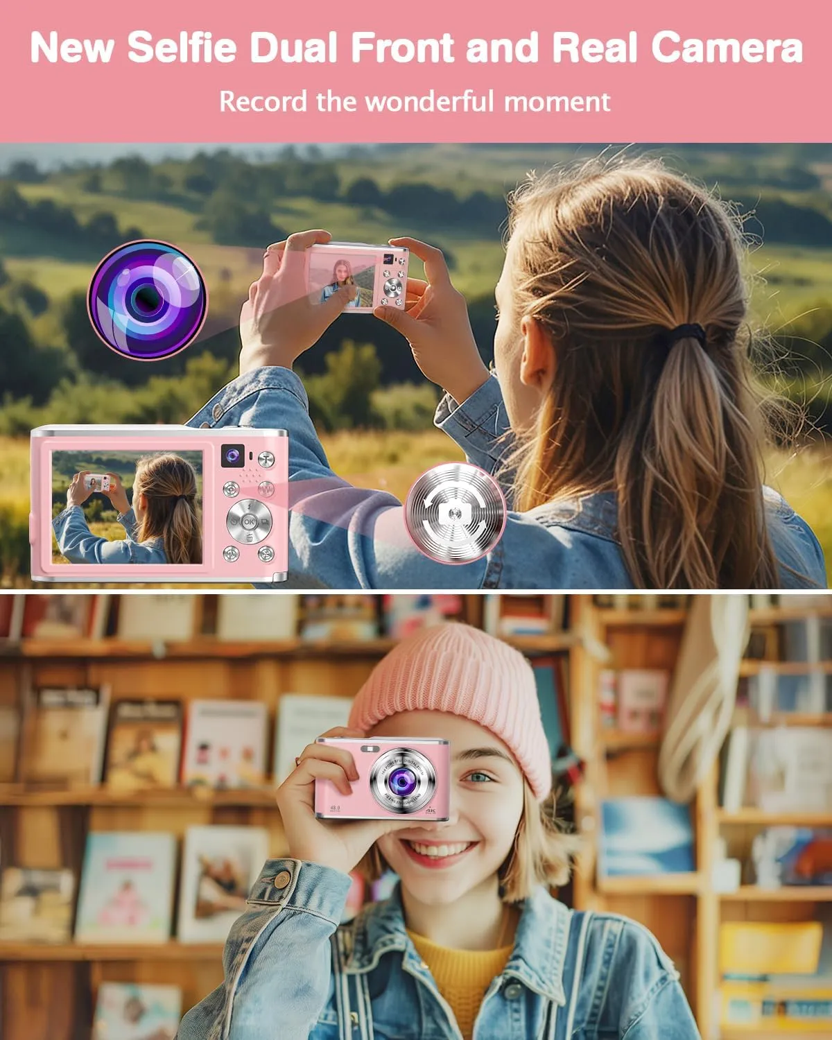 Digital Camera 4K 48MP Dual Cameras for Photography, 16X Digital Zoom Point and Shoot Cameras with 32GB Card & 2 Batteries Camera for Boys Girls Kids - Pink