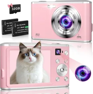 Digital Camera 4K 48MP Dual Cameras for Photography, 16X Digital Zoom Point and Shoot Cameras with 32GB Card & 2 Batteries Camera for Boys Girls Kids - Pink