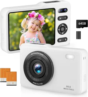 Digital Camera, 64MP FHD Dual Lens Autofocus Point and Shoot Digital Camera, 16x Zoom Vlogging Camera with 64GB SD Card, Compact Camera Kids Gift for Boys and Girls (White)