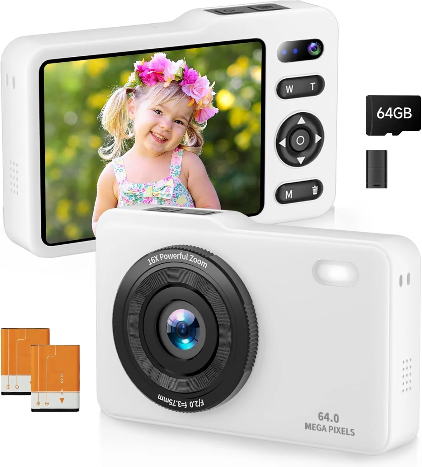 Digital Camera, 64MP FHD Dual Lens Autofocus Point and Shoot Digital Camera, 16x Zoom Vlogging Camera with 64GB SD Card, Compact Camera Kids Gift for Boys and Girls (White)