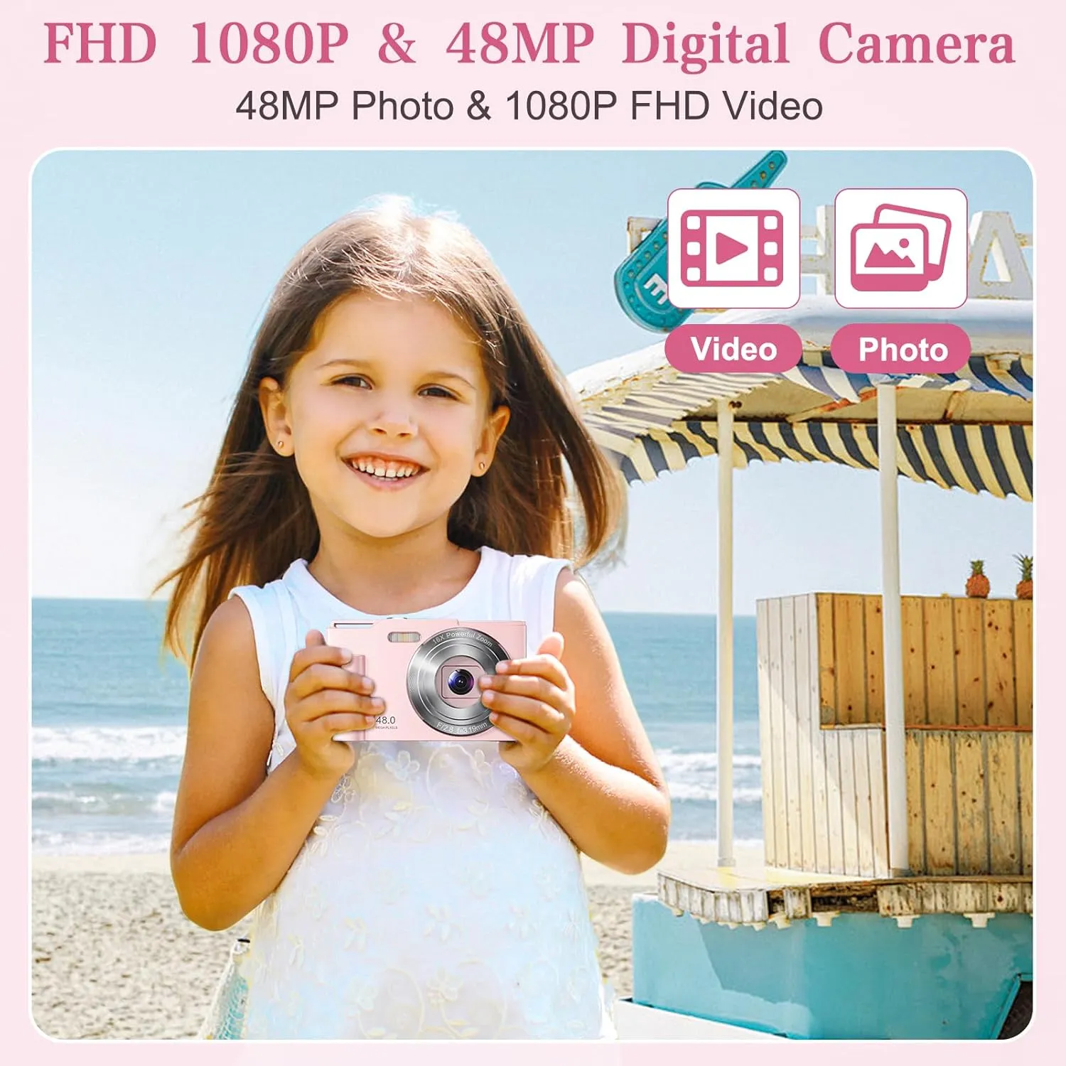 Digital Camera, FHD 1080P Kids Point and Shoot Camera with 16X Digital Zoom, Anti-Shake, Flash, 32GB Card, Portable Compact Travel Camera for Boys, Girls (Pink)