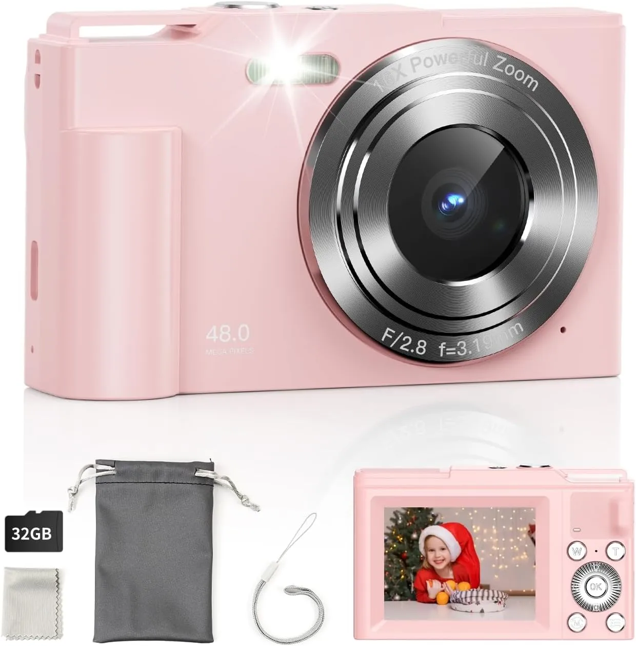 Digital Camera, FHD 1080P Kids Point and Shoot Camera with 16X Digital Zoom, Anti-Shake, Flash, 32GB Card, Portable Compact Travel Camera for Boys, Girls (Pink)