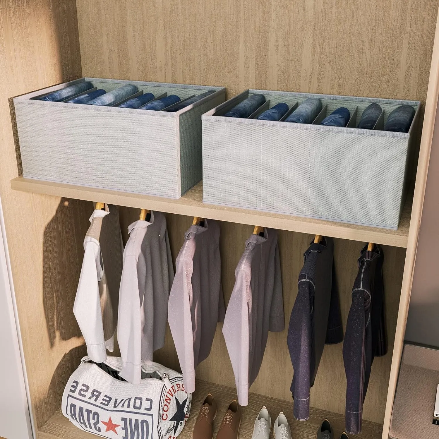DIMJ Clothes Organizer for Folded Clothes, Large Drawer Organizers for Clothing with 6 Grids, Wardrobe Closet Organizer for Jeans, Clothes, Closet, Wardrobe, Shelf, 4 Packs, Grey