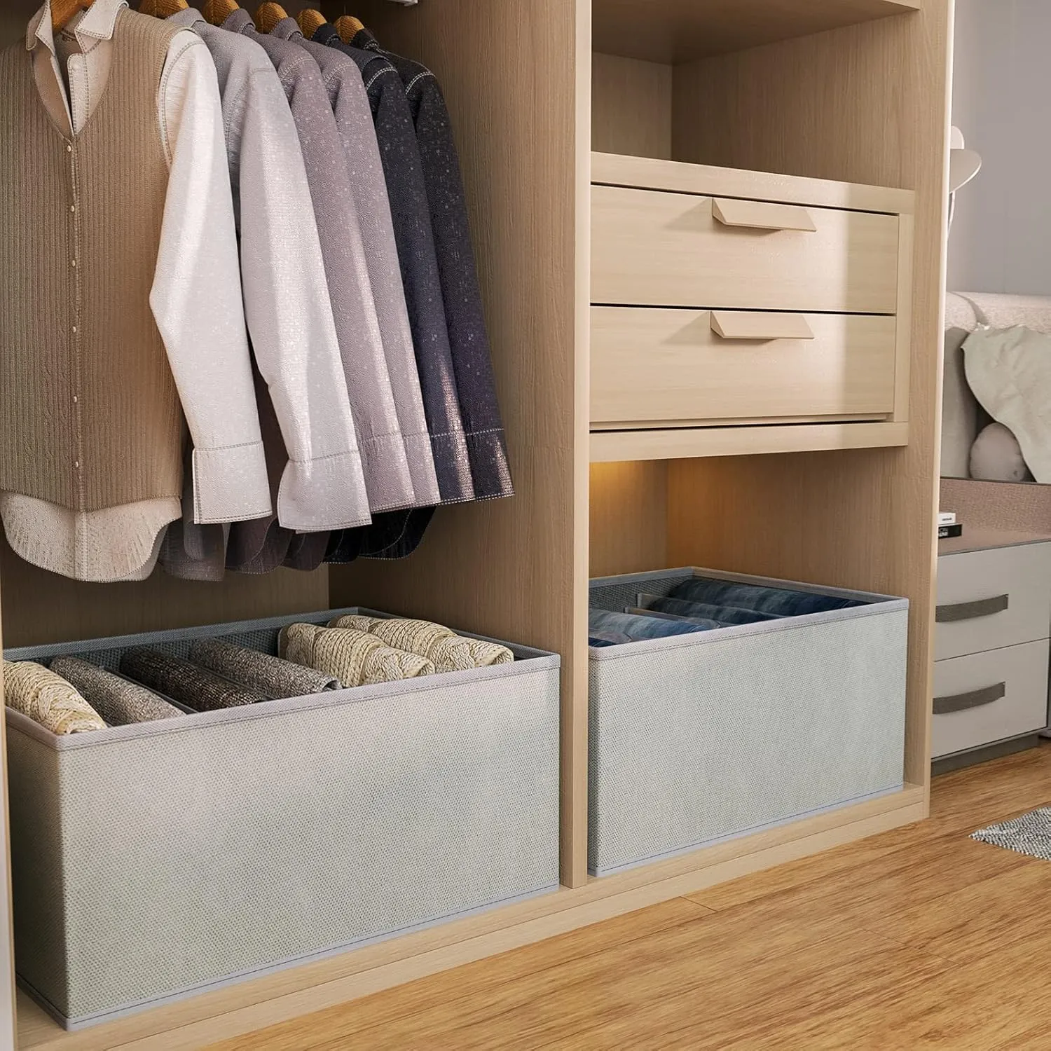 DIMJ Clothes Organizer for Folded Clothes, Large Drawer Organizers for Clothing with 6 Grids, Wardrobe Closet Organizer for Jeans, Clothes, Closet, Wardrobe, Shelf, 4 Packs, Grey