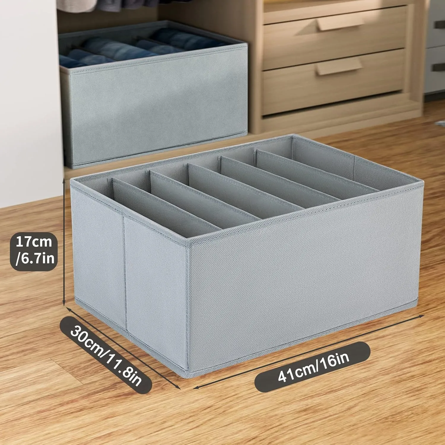 DIMJ Clothes Organizer for Folded Clothes, Large Drawer Organizers for Clothing with 6 Grids, Wardrobe Closet Organizer for Jeans, Clothes, Closet, Wardrobe, Shelf, 4 Packs, Grey