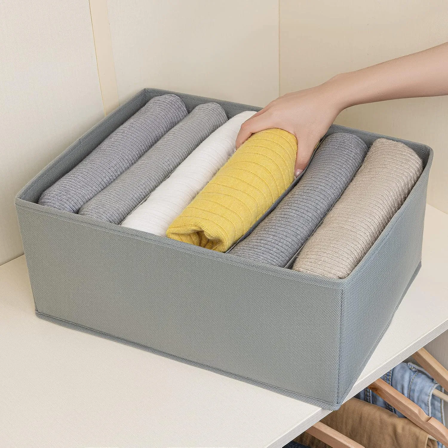 DIMJ Clothes Organizer for Folded Clothes, Large Drawer Organizers for Clothing with 6 Grids, Wardrobe Closet Organizer for Jeans, Clothes, Closet, Wardrobe, Shelf, 4 Packs, Grey