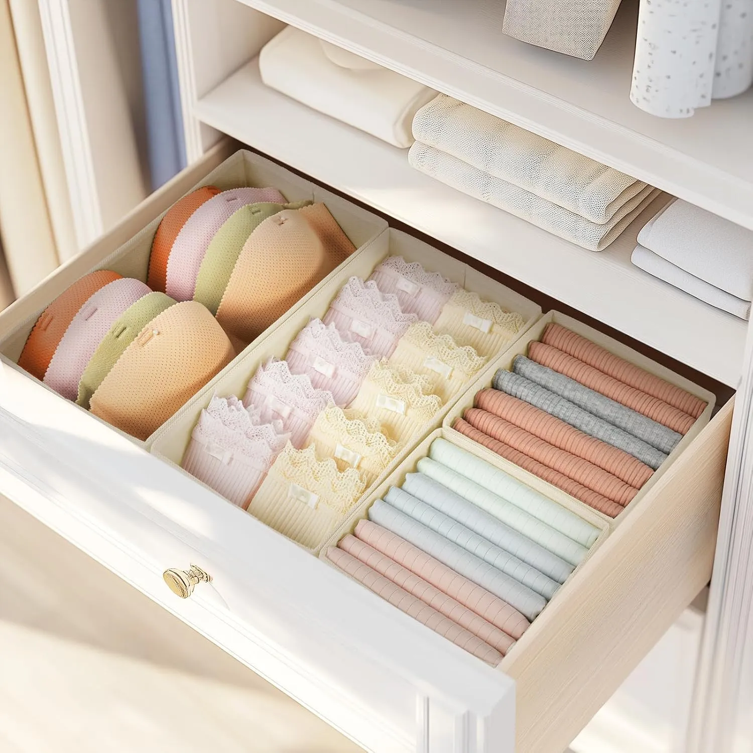 DIMJ Drawer Organizers for Clothing, Set of 8 Fabric Closet Organizers and Storage, Dresser Organizers, Drawer Dividers for Baby Clothes, Socks, Belt, Tie (Beige)