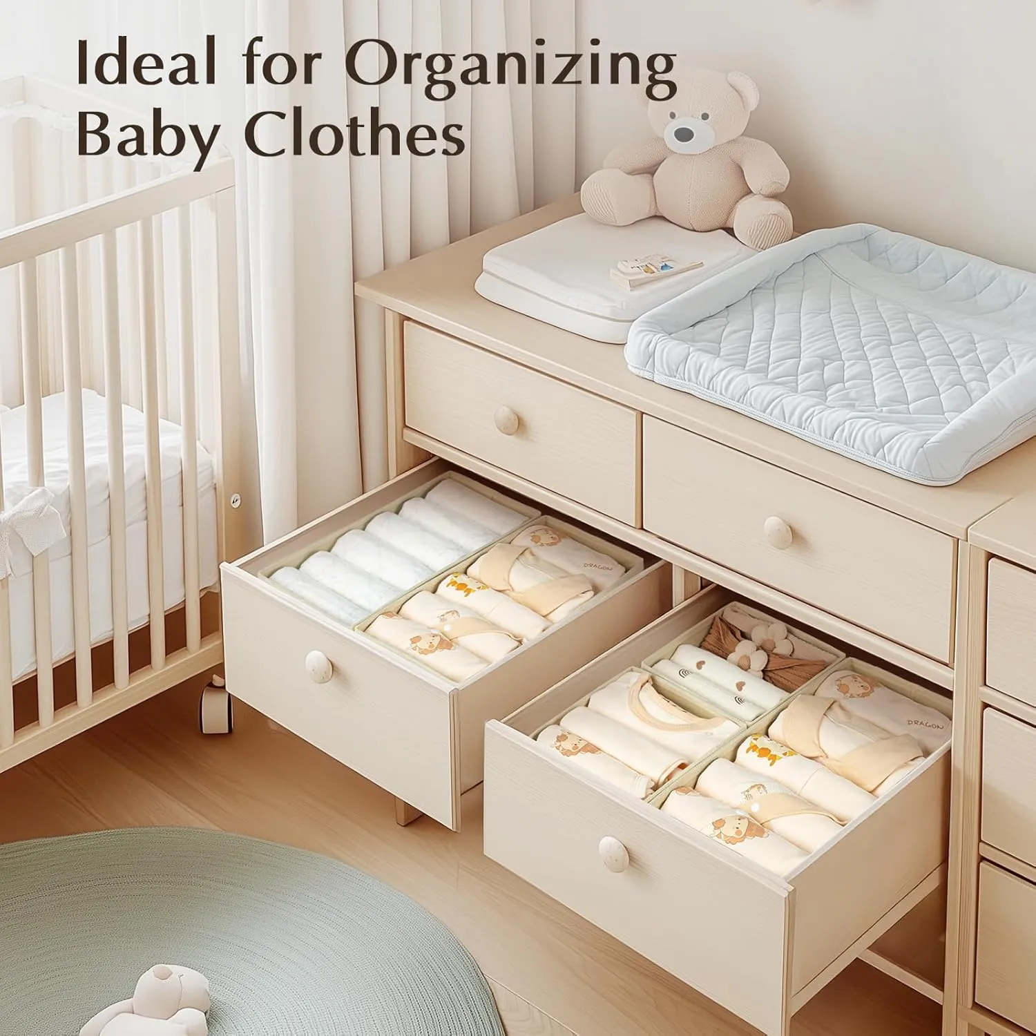 DIMJ Drawer Organizers for Clothing, Set of 8 Fabric Closet Organizers and Storage, Dresser Organizers, Drawer Dividers for Baby Clothes, Socks, Belt, Tie (Beige)