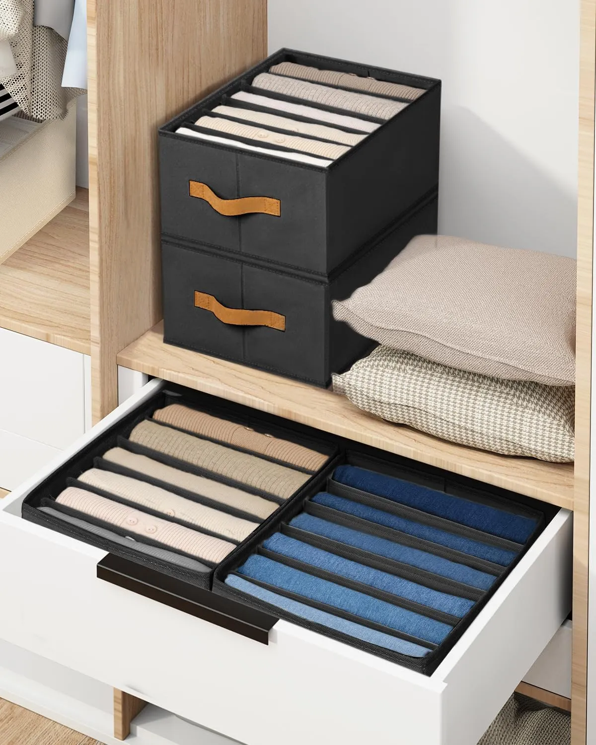 DIMJ Large Wardrobe Clothes Organizers - Foldable Closet Clothing Organizer for Jean Sweater Shirt Pants Underwear Bra, Divided Clothes Drawer, Grey Closet Shelf Organizer Boxes
