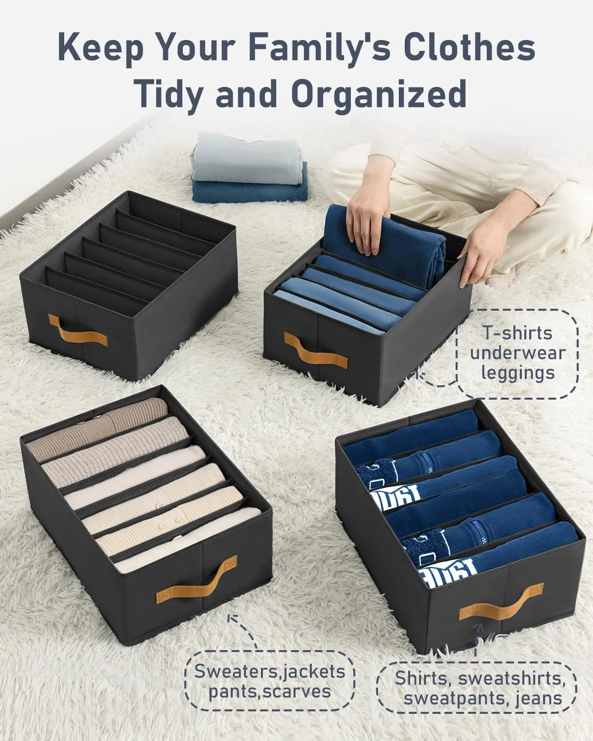 DIMJ Large Wardrobe Clothes Organizers - Foldable Closet Clothing Organizer for Jean Sweater Shirt Pants Underwear Bra, Divided Clothes Drawer, Grey Closet Shelf Organizer Boxes