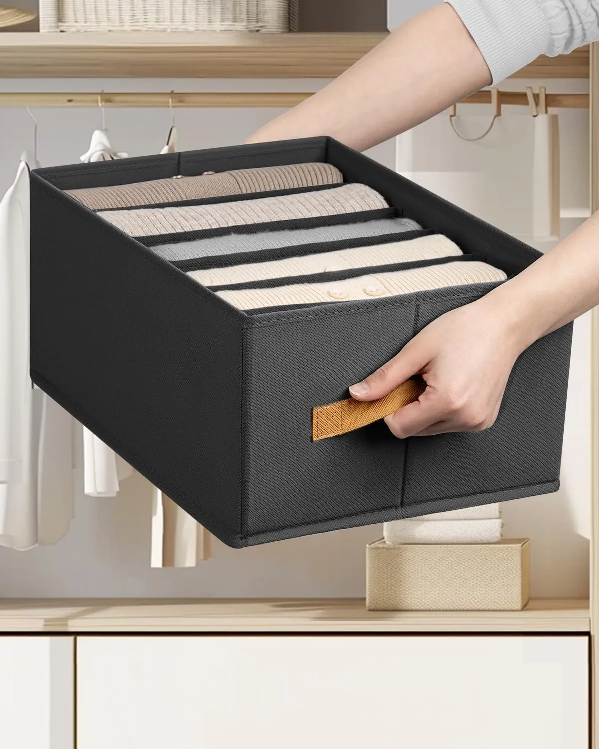 DIMJ Large Wardrobe Clothes Organizers - Foldable Closet Clothing Organizer for Jean Sweater Shirt Pants Underwear Bra, Divided Clothes Drawer, Grey Closet Shelf Organizer Boxes