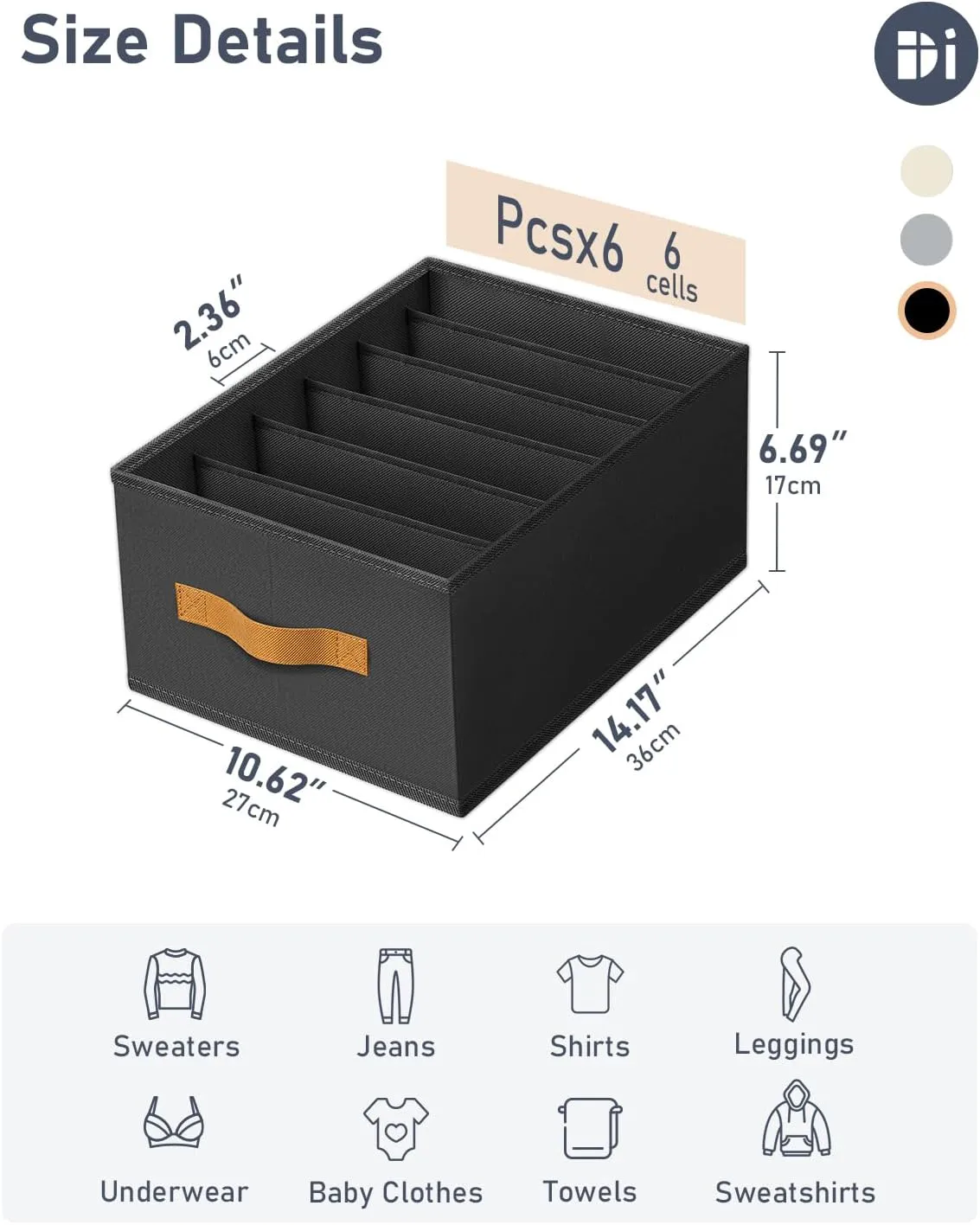 DIMJ Large Wardrobe Clothes Organizers - Foldable Closet Clothing Organizer for Jean Sweater Shirt Pants Underwear Bra, Divided Clothes Drawer, Grey Closet Shelf Organizer Boxes
