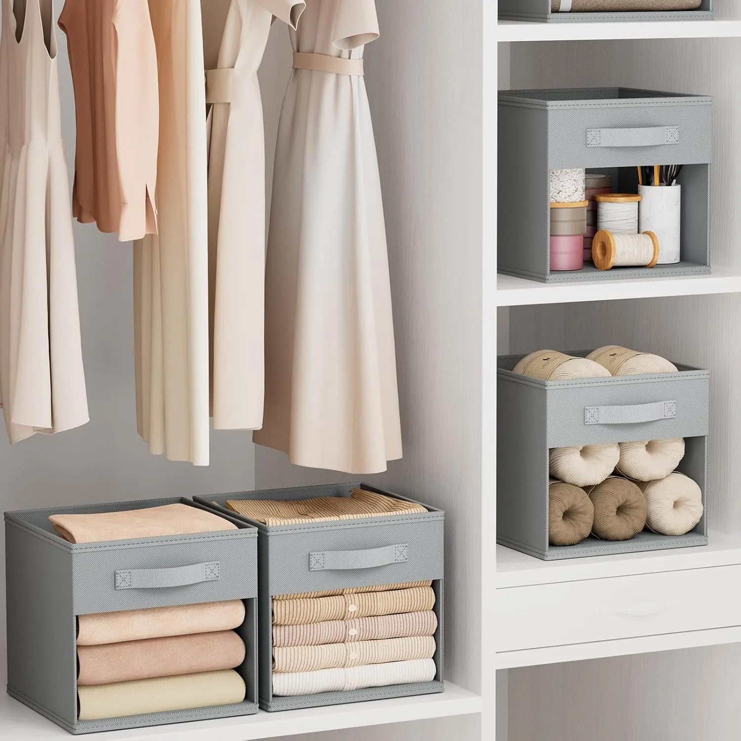 DIMJ Storage Cubes, 6 Pack Cube Storage Bin, Foldable Storage Cubes with Window, Closet Storage Bins with Handle, 11 x 11 inch Storage Cubes for Clothes, Toys, Books (Grey)