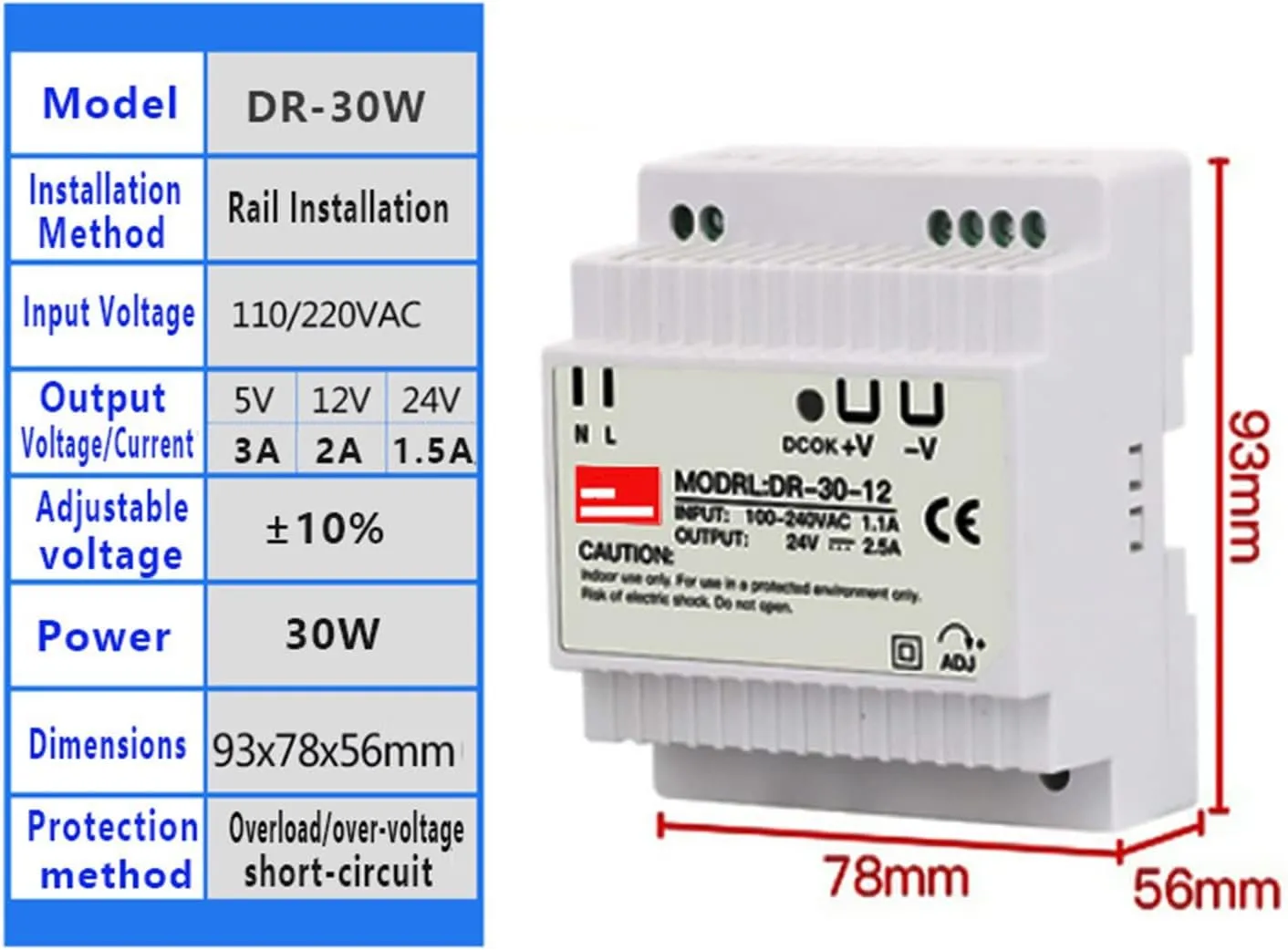 DIN Rail Switching Power Supply DR-15W 30W 45W 60W Single Output 5V 12V 24V AC DC Converter Power Switch Input 110/240VAC (Size : 24V, Color : 30W)