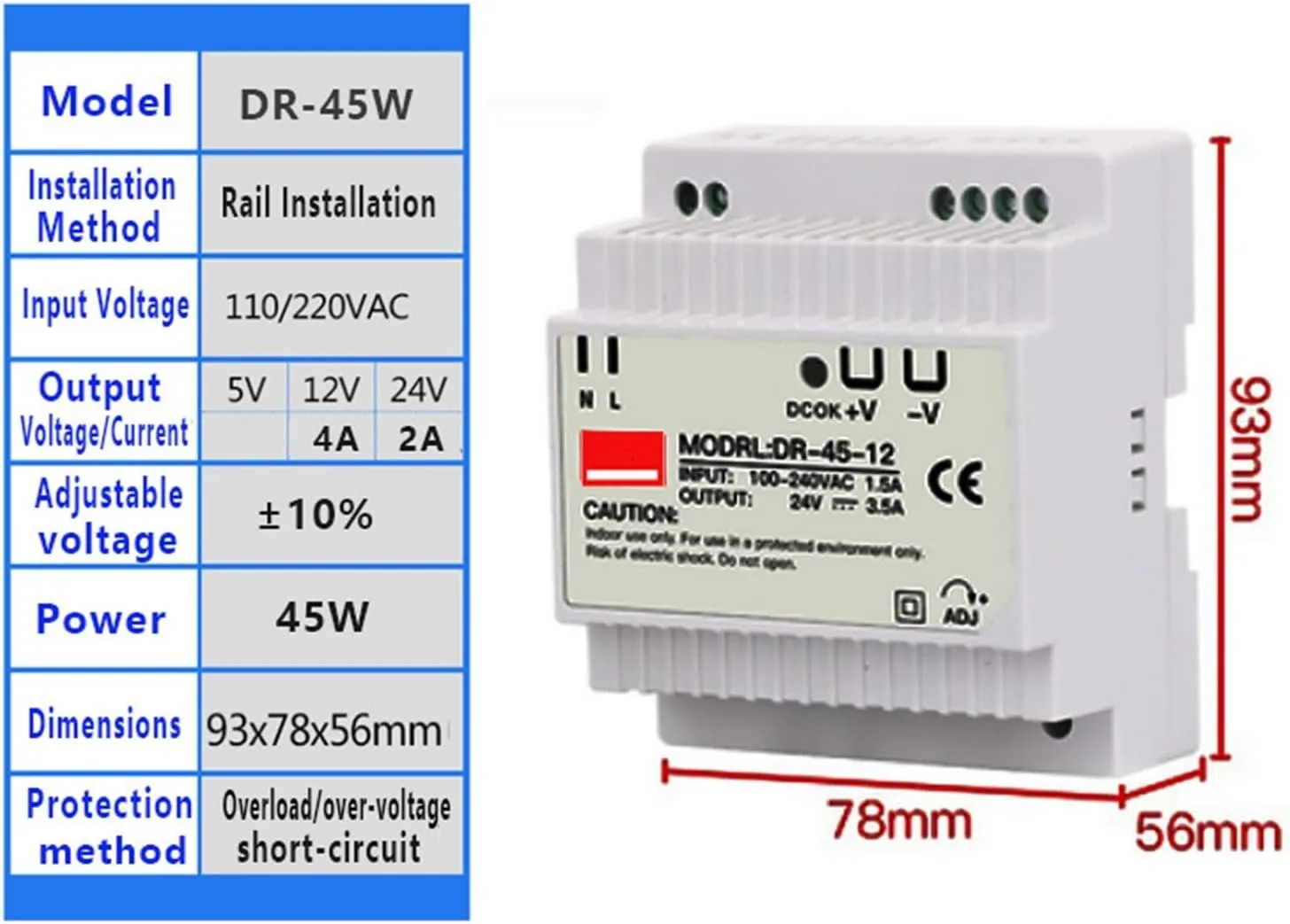 DIN Rail Switching Power Supply DR-15W 30W 45W 60W Single Output 5V 12V 24V AC DC Converter Power Switch Input 110/240VAC (Size : 24V, Color : 45W)