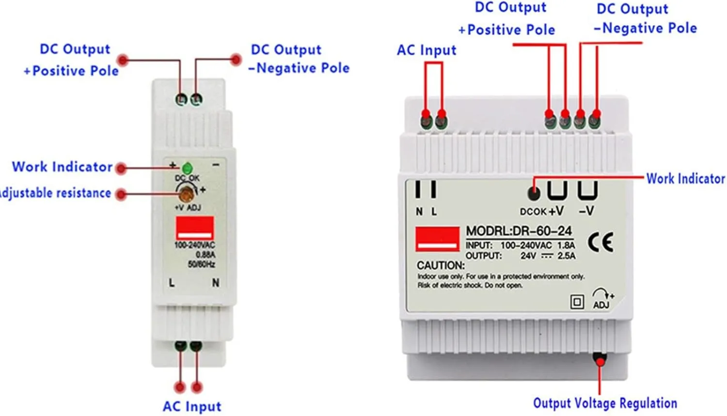 DIN Rail Switching Power Supply DR-15W 30W 45W 60W Single Output 5V 12V 24V AC DC Converter Power Switch Input 110/240VAC (Size : 24V, Color : 45W)