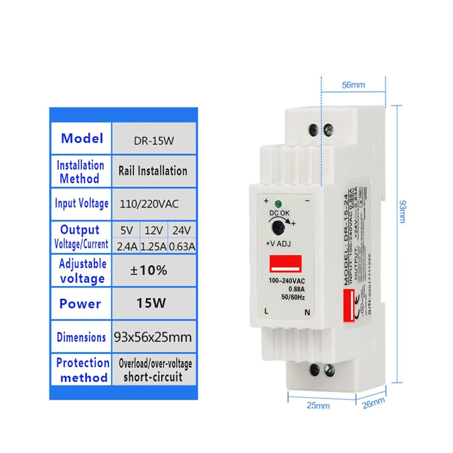 DIN Rail Switching Power Supply DR-15W 30W 45W 60W Single Output 5V 12V 24V AC DC Converter Power Switch Input 110/240VAC(12V,15W)