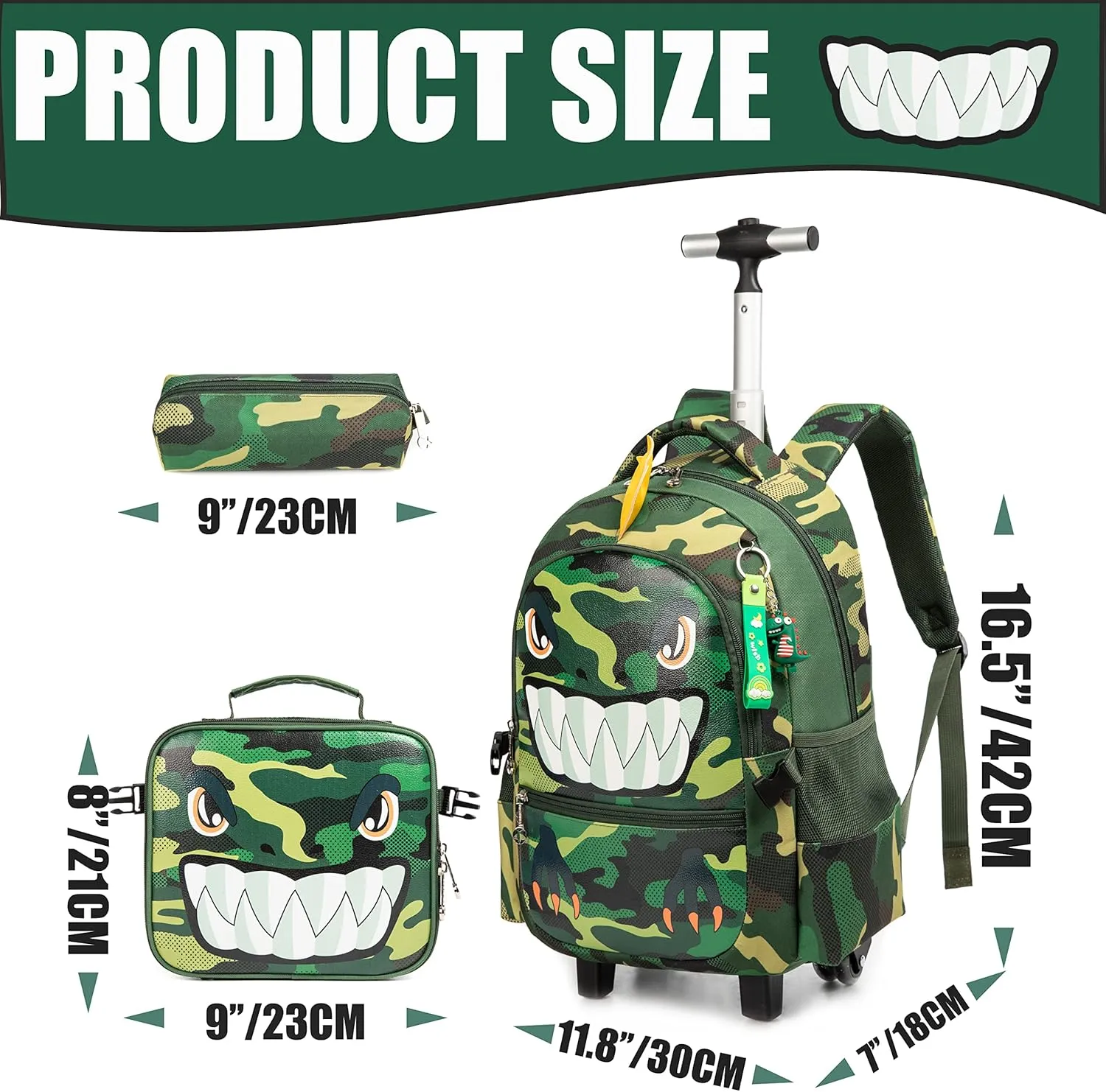 Dinosaur Rolling Backpack Boys Kids Rolling Backpack with Wheels for Boys Wheeled Backpack Carry on Luggage Bookbag with Roller Set for Elementary